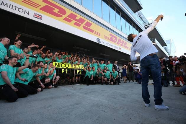 Russian Grand Prix, Sochi 28 April - 1 May 2016 01.05.2016 - Race, Celebration, 1st position Nico Rosberg (GER) Mercedes AMG F1 W07 Hybrid and 2nd position Lewis Hamilton (GBR) Mercedes AMG F1 W07 Hybrid 