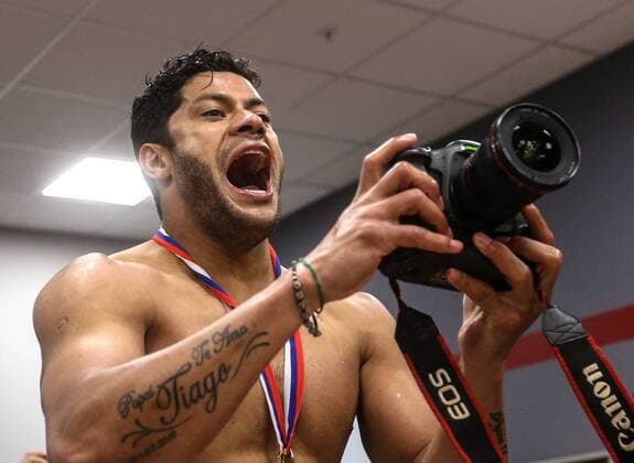 KAZAN, RUSSIA. MAY 2, 2016. Zenit s Hulk holds a camera in a locker room after winning the 2015 16 Season Russian Football Cup final match against CSKA Moscow at Kazan Arena. FC Zenit St. Petersburg won the game 4:1. Valery Sharifulin TASS  TS021952