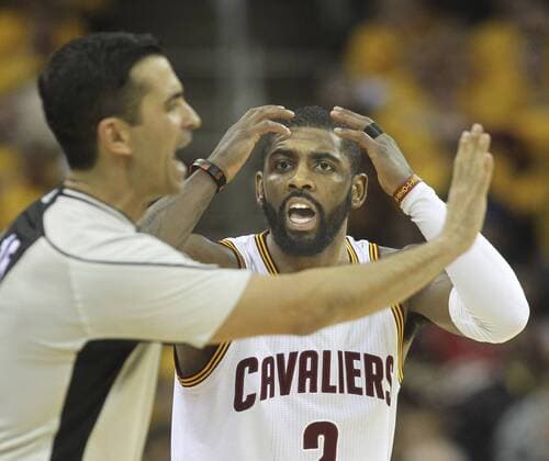 May 2, 2016 - Cleveland, OH, USA - Cleveland Cavaliers Kyrie Irving can t believe an official s no foul call during the fourth quarter on Monday, May 2, 2016, at Quicken Loans Arena in Cleveland, Ohio. Atlanta Hawks at Cleveland Cavaliers - ZUMAm67_