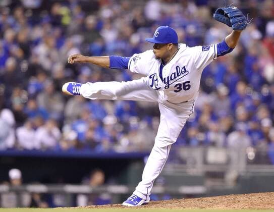 May 2, 2016 - Kansas City, MO, USA - Kansas City Royals starting pitcher Edinson Volquez follows through during the eighth inning on Monday, May 2, 2016, at Kauffman Stadium in Kansas City, Mo. Washington Nationals at Kansas City Royals - ZUMAm67_