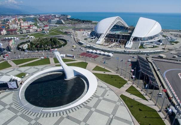 SOCHI, RUSSIA. MAY 2, 2016. An aerial view of the Fisht Stadium, a venue of the 2018 FIFA World Cup WM Weltmeisterschaft Fussball in Russia, in Sochi s Olympic Park. Sergei Bobylev TASS  TS021982