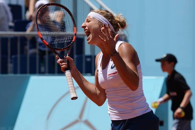 May 3, 2016 - Madrid, Spain - TIMEA BACSINSZKY of Switzerland celebrates winning her match vs. E. Makarova at the Mutua Madrid Open. Tennis 2016 - Mutua Madrid Open - Day 4 - ZUMAl132