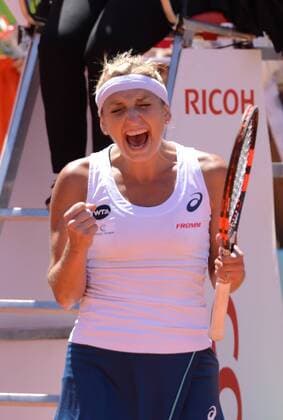 May 3, 2016 - Madrid, Spain - TIMEA BACSINSZKY of Switzerland celebrates winning her match vs. E. Makarova at the Mutua Madrid Open. Tennis 2016 - Mutua Madrid Open - Day 4 - ZUMAl132