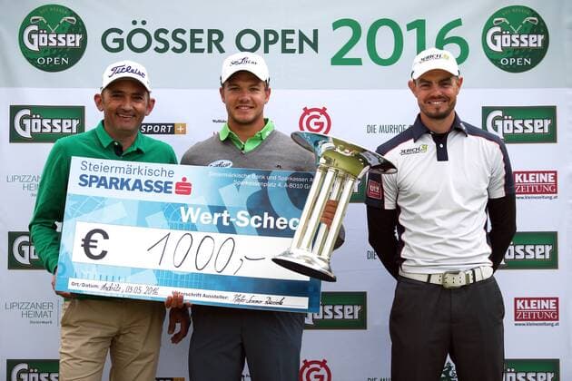 GOLF - Goesser Open 2016 GRAZ,AUSTRIA,03.MAY.16 - GOLF - Alps Tour, Goesser Open, Shoot Out, GC Andritz, award ceremony. Image shows Markus Brier, Robin Goger and Juergen Maurer (AUT). GEPAxpictures xDanielxGoetzhaber