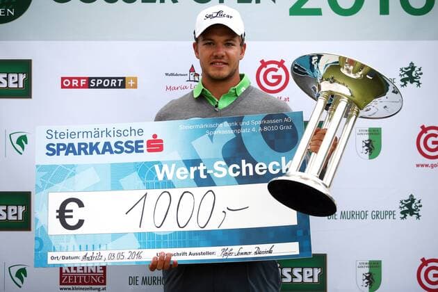 GOLF - Goesser Open 2016 GRAZ,AUSTRIA,03.MAY.16 - GOLF - Alps Tour, Goesser Open, Shoot Out, GC Andritz, award ceremony. Image shows the rejoicing of Robin Goger (AUT). GEPAxpictures xDanielxGoetzhaber