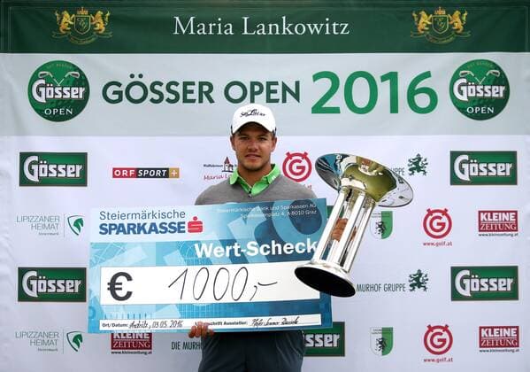 GOLF - Goesser Open 2016 GRAZ,AUSTRIA,03.MAY.16 - GOLF - Alps Tour, Goesser Open, Shoot Out, GC Andritz, award ceremony. Image shows the rejoicing of Robin Goger (AUT). GEPAxpictures xDanielxGoetzhaber
