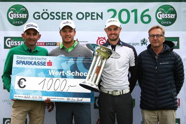 GOLF - Goesser Open 2016 GRAZ,AUSTRIA,03.MAY.16 - GOLF - Alps Tour, Goesser Open, Shoot Out, GC Andritz, award ceremony. Image shows Markus Brier, Robin Goger, Juergen Maurer (AUT) and Gerhard Nemecz (GC Andritz). GEPAxpictures xDanielxGoetzhaber