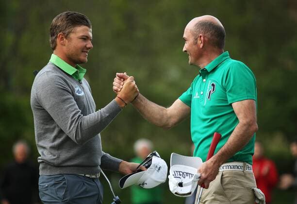 GOLF - Goesser Open 2016 GRAZ,AUSTRIA,03.MAY.16 - GOLF - Alps Tour, Goesser Open, Shoot Out, GC Andritz. Image shows Robin Goger and Markus Brier (AUT). GEPAxpictures xDanielxGoetzhaber
