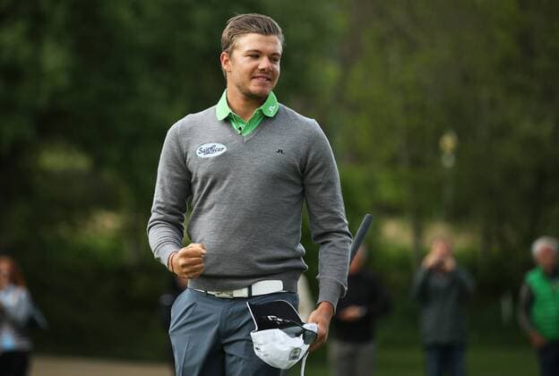GOLF - Goesser Open 2016 GRAZ,AUSTRIA,03.MAY.16 - GOLF - Alps Tour, Goesser Open, Shoot Out, GC Andritz. Image shows the rejoicing of Robin Goger (AUT). GEPAxpictures xDanielxGoetzhaber
