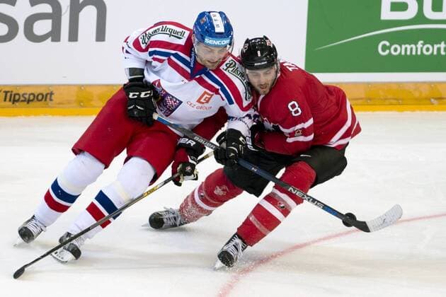 Robert Kousal (CZE), left, and Chris Tanev (CAN) in action during the friendly match Czech Republic vs Canada in Prague, Czech Republic, on Tuesday, May 3, 2016. (CTKxPhoto MichalxKamaryt) CTKPhotoP201605030998601  kmt 13
