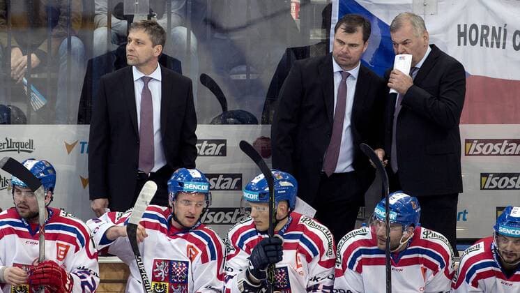 Czech head coach Vladimir Vujtek, from right, and his assistants Jaroslav Spacek and Josef Jandac during the friendly match Czech Republic vs Canada in Prague, Czech Republic, on Tuesday, May 3, 2016. (CTKxPhoto MichalxKamaryt) CTKPhotoP201605030998701  kmt 14