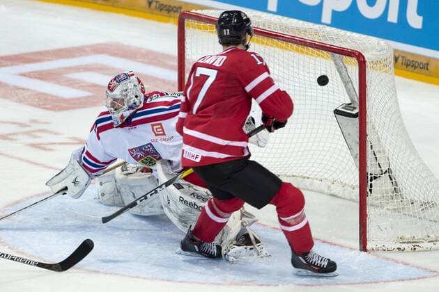 Connor McDavid (CAN), right, scores against goalkeeper Dominik Furch (CZE) during the friendly match Czech Republic vs Canada in Prague, Czech Republic, on Tuesday, May 3, 2016. (CTKxPhoto MichalxKamaryt) CTKPhotoP201605031029101  kmt 15