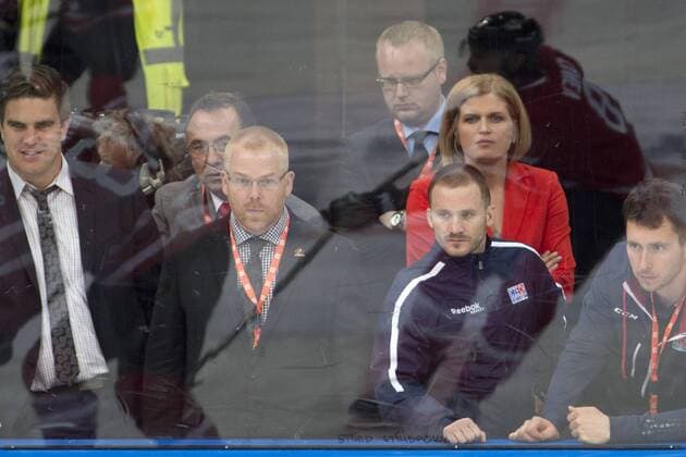 Czech conditioning coach Michal Hamrsmid, second from right, watches the friendly match Czech Republic vs Canada in Prague, Czech Republic, on Tuesday, May 3, 2016. (CTKxPhoto MichalxKamaryt) CTKPhotoP201605031040401  kmt 19