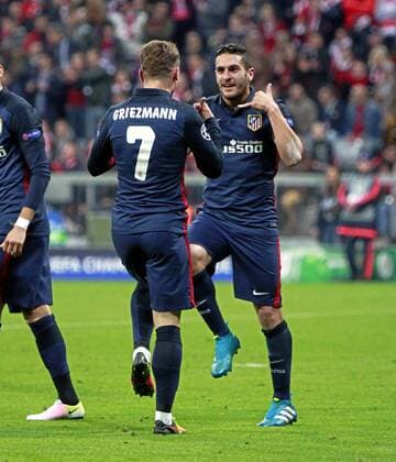Champions League semifinals match between Atletico Madrid and FC Bayern München. In this picture, Atletico s Griezmann celebrates with Koke after scoring. xPABLOxMORENOx 