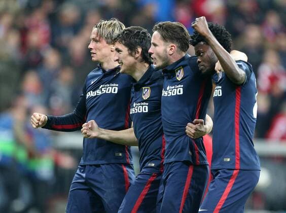SOCCER - CL, Bayern vs Atletico MUNICH,GERMANY,03.MAY.16 - SOCCER - UEFA Champions League, semifinal, FC Bayern Muenchen vs Atletico Madrid. Image shows the rejoicing of Atletico Madrid. GEPAxpictures xThomasxBachun