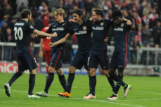 freude bei Atletico Madrid nah Erreichen des CL-Finales , Bayern Muenchen - Atletico Madrid, Fussball ,Champions League, Halbfinale, Rueckspiel, 03.05.2016 , Muenchen Copyright: Stuetzle xEibner-Pressefoto ep_wse