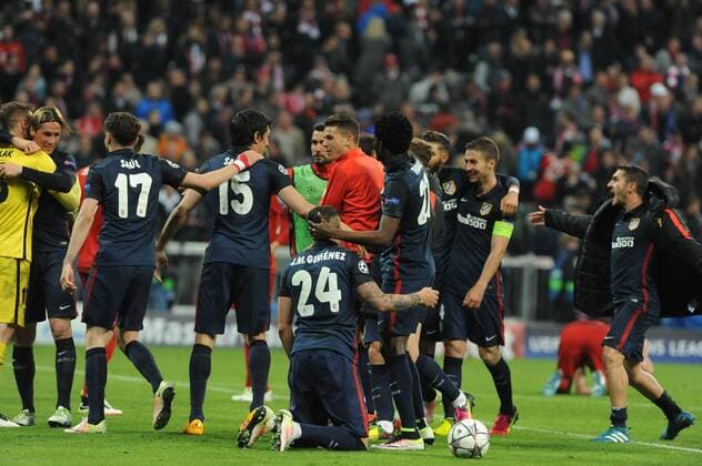 freude bei Atletico Madrid nah Erreichen des CL-Finales , Bayern Muenchen - Atletico Madrid, Fussball ,Champions League, Halbfinale, Rueckspiel, 03.05.2016 , Muenchen Copyright: Stuetzle xEibner-Pressefoto ep_wse