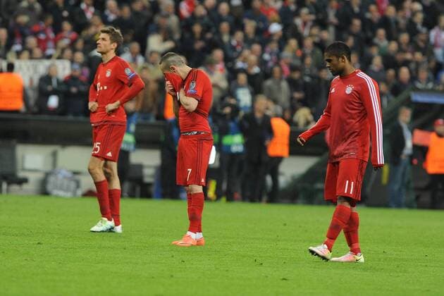 vl. Enttaeuschung bei Thomas Mueller (FC Bayern Muenchen), Franck Ribery (FC Bayern Muenchen) und Douglas Costa (FC Bayern Muenchen), Bayern Muenchen - Atletico Madrid, Fussball ,Champions League, Halbfinale, Rueckspiel, 03.05.2016 , Muenchen Copyright: Stuetzle xEibner-Pressefoto ep_wse