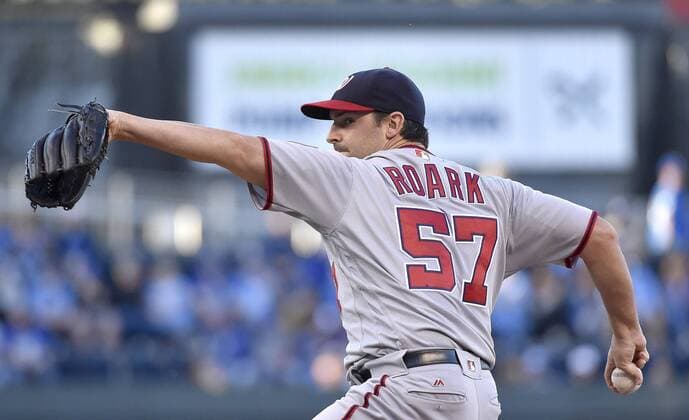 May 3, 2016 - Kansas City, MO, USA - Washington Nationals pitcher Tanner Roark throws in the first inning against the Kansas City Royals on Tuesday, May 3, 2016, at Kauffman Stadium in Kansas City, Mo. Washington at Kansas City - ZUMAm67_