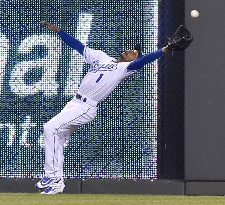 May 3, 2016 - Kansas City, MO, USA - Kansas City Royals right fielder Jarrod Dyson misses a fly ball RBI double by the Washington Nationals Wilson Ramos in the sixth inning on Tuesday, May 3, 2016, at Kauffman Stadium in Kansas City, Mo. Washington at Kansas City - ZUMAm67_