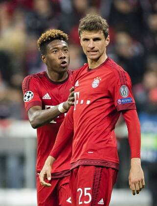 München, 03.05.2016, Allianz Arena David Alaba (FCB), Thomas Müller (FCB) FC Bayern München vs. Atletico Madrid mm