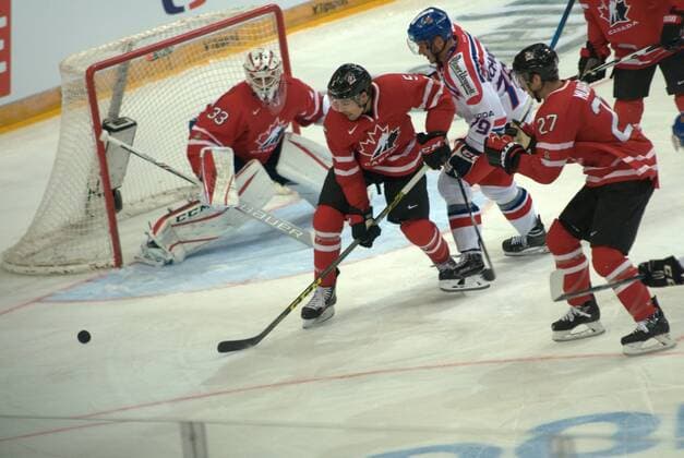 Goalie Cam Talbot, (from left) Cody Ceci (both CAN) and Tomas Zohorna (CZE) in action during the friendly match Czech Republic vs Canada in Prague, Czech Republic, on Tuesday, May 3, 2016. (CTKxPhoto HonzaxJan) CTKPhotoF201605040277801 