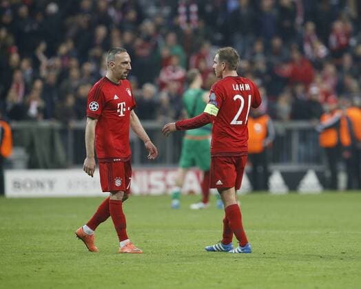 Enttäuschung München, V.li. Franck Ribery (Bayern) , Philipp Lahm (Bayern) . FC Bayern München-Atletico Madrid . München, GER, 03.05.2016, Halbfinale Rückspiel, Fussball-Champions League 2015-2016 .