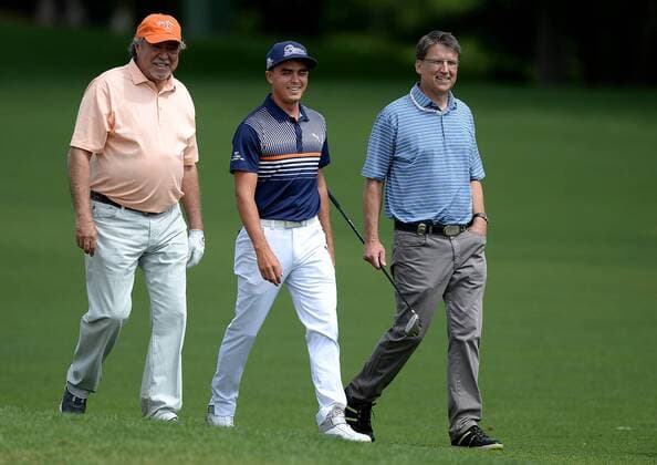 May 4, 2016 - Charlotte, NC, USA - Felix Sabates, from left, golfer Rickie Fowler and North Carolina Gov. Pat McCrory walk down the 16th fairway during a Pro-Am at Quail Hollow Club in Charlotte, N.C. on Wednesday, May 4, 2016. Wells Fargo Pro-Am - ZUMAm67_