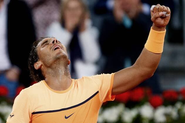 Spanish tennis player Rafa Nadal celebrates a point against US Sam Querrey during the third round of the Madrid Open at Caja Magica, Madrid, Spain, on 5 May 2016. EFE JuanJo Martin NADAL- SAM QUERREY !ACHTUNG: NUR REDAKTIONELLE NUTZUNG!  GRA512 20160505-635980814829311629
