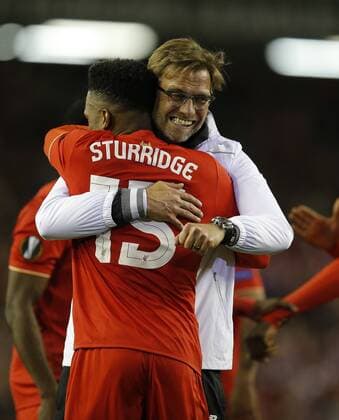 Themen der Woche - SPORT Bilder des Tages - Sport Jurgen Klopp manager of Liverpool celebrates with Daniel Sturridge of Liverpool during the UEFA Europa League Semi Final second leg match at Anfield, Liverpool. Photo credit should read: Simon Bellis Sportimage EDITORIAL USE ONLY. No use with unauthorised audio, video, data, fixture lists, club league logos or live services. Online in-match use limited to 120 images, no video emulation. No use in betting, games or single club league player publications.