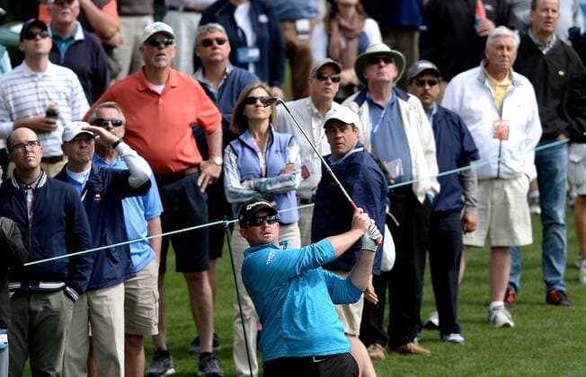 May 5, 2016 - Charlotte, NC, USA - Steve Wheatcroft watches the flight of his ball to the 14th green along with the gallery during the first round of the Wells Fargo Championship at Quail Hollow Club in Charlotte, N.C., on Thursday, May 5, 2016. Wells Fargo Championship - ZUMAm67_