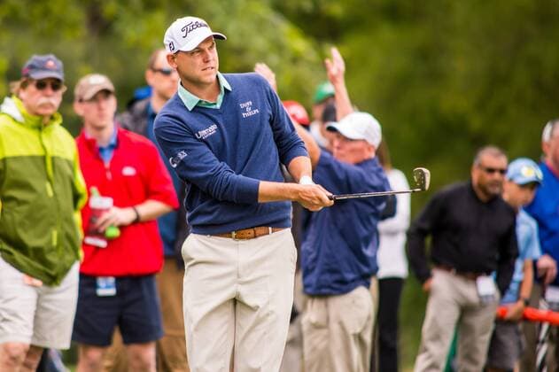 Golfer Bill Haas chips from just off the green on the 5th hole during the PGA Golf Herren Wells Fargo Championship on Thursday, May 5, 2016 at Quail Hallow Country Club in Charlotte, NC. David Grooms CSM PGA 2016: Wells Fargo Championship MAR 5 - ZUMAc04_