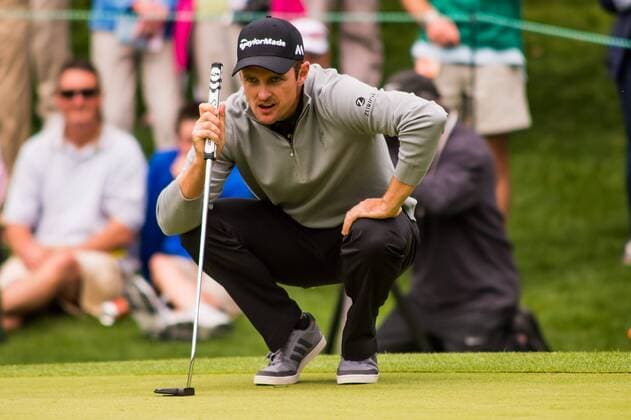 Golfer Justin Rose eyes the break for his putt on the fifth green during the PGA Golf Herren Wells Fargo Championship on Thursday, May 5, 2016 at Quail Hallow Country Club in Charlotte, NC. David Grooms CSM PGA 2016: Wells Fargo Championship MAR 5 - ZUMAc04_