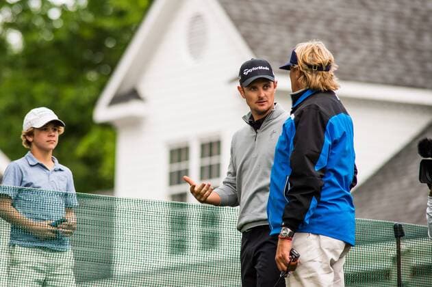 Golfer Justin Rose discusses his options with a rules official about his ball being close to a temporary barrier that is well right of the 15th fairway during the PGA Golf Herren Wells Fargo Championship on Thursday, May 5, 2016 at Quail Hallow Country Club in Charlotte, NC. David Grooms CSM PGA 2016: Wells Fargo Championship MAR 5 - ZUMAc04_