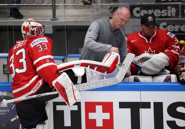 ST. PETERSBURG, RUSSIA. MAY 6, 2016. Canada s goalie Cam Talbot (front) during a break in the 2016 IIHF World Championship WM Weltmeisterschaft Preliminary Round Group B Ice hockey Eishockey match against the United States at the Yubileyny Sports Palace. Sergei Savostyanov TASS  TS021D3D