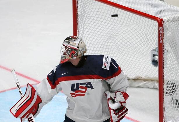 ST. PETERSBURG, RUSSIA. MAY 6, 2016. United States goalie Keith Kinkaid concedes a goal in the 2016 IIHF World Championship WM Weltmeisterschaft Preliminary Round Group B Ice hockey Eishockey match against Canada at the Yubileyny Sports Palace. Sergei Savostyanov TASS  TS021D50