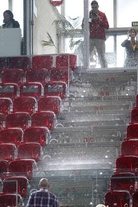 A cascade of water seeps through the roof of the Principal Court on the Caja Magica (Magic Box) during Madrid Open Tennis 2016 match.May, 6, 2016.  (20160506133)