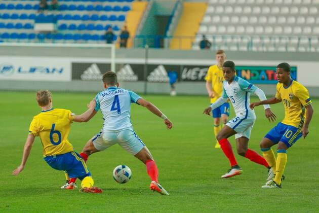 Azerbaijan: UEFA U17 U 17 - England - Sweden Marcus McGuane (4) of England fights for the ball Henrik Bellman (6) of Sweden during UEFA European Under-17 Championship Azerbaijan 2016, Group C match between England v Sweden at the Karabakh Stadium.  AzizxKarimov