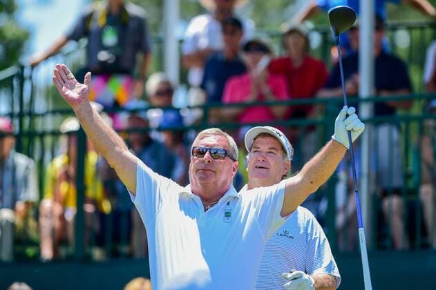May 06, 2016: Fuzzy Zoeller reacts to his tee shot on 1 during round 1 of the 2016 Champions Tour Insperity Invitational, The Woodlands Country Club, The Woodlands, Texas. (Photo by Ken Murray Icon Sportswire) GOLF: MAY 06 Champions Tour - Insperity Invitational - First Round Icon201605062016012 EDITORIAL USE ONLY