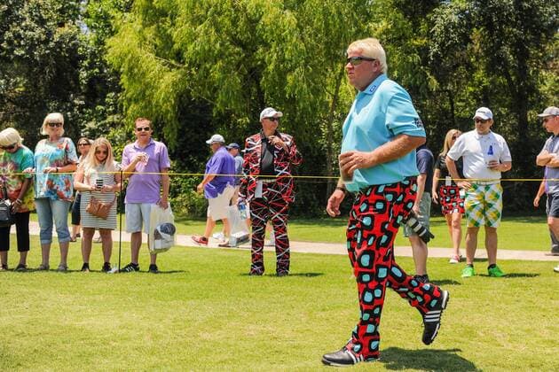 May 06, 2016: John Daly walks to the 3rd green with a soda as a Daly-dressed fan watches from behind the rope during round 1 of the 2016 Champions Tour Insperity Invitational, The Woodlands Country Club, The Woodlands, Texas. (Photo by Ken Murray Icon Sportswire) GOLF: MAY 06 Champions Tour - Insperity Invitational - First Round Icon201605062016052 EDITORIAL USE ONLY