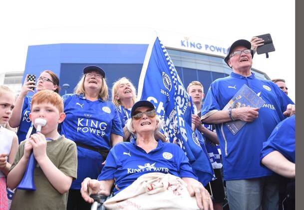 Leicester city fans celebrate before the Barclays Premier League match at the King Power Stadium Leicester. Photo credit should read: Nathan Stirk Sportimage - Newcastle Utd vs Tottenham - St James Park Stadium - Newcastle Upon Tyne - England - 19th April 2015 - Picture Phil Oldham Sportimage EDITORIAL USE ONLY. No use with unauthorised audio, video, data, fixture lists, club league logos or live services. Online in-match use limited to 120 images, no video emulation. No use in betting, games or single club league player publications.