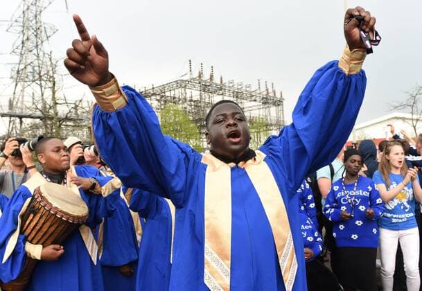 Leicester city choir member celebrates before the Barclays Premier League match at the King Power Stadium Leicester. Photo credit should read: Nathan Stirk Sportimage - Newcastle Utd vs Tottenham - St James Park Stadium - Newcastle Upon Tyne - England - 19th April 2015 - Picture Phil Oldham Sportimage EDITORIAL USE ONLY. No use with unauthorised audio, video, data, fixture lists, club league logos or live services. Online in-match use limited to 120 images, no video emulation. No use in betting, games or single club league player publications.