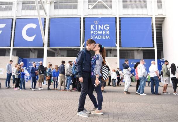 Leicester City fans from Italy, Rome, embrace each other before the Barclays Premier League match at the King Power Stadium Leicester. Photo credit should read: Nathan Stirk Sportimage - Newcastle Utd vs Tottenham - St James Park Stadium - Newcastle Upon Tyne - England - 19th April 2015 - Picture Phil Oldham Sportimage EDITORIAL USE ONLY. No use with unauthorised audio, video, data, fixture lists, club league logos or live services. Online in-match use limited to 120 images, no video emulation. No use in betting, games or single club league player publications.