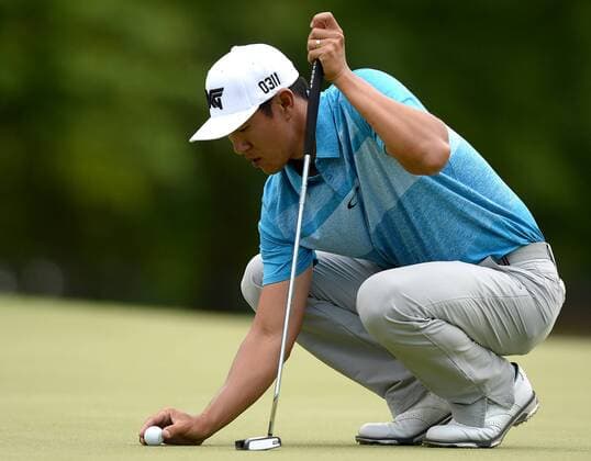 May 7, 2016 - Charlotte, NC, USA - James Hahn positions his ball on the 9th green in the third round of the Wells Fargo Championship at Quail Hollow Club in Charlotte, N.C., on Saturday, May 7, 2016. Wells Fargo Championship, third round - ZUMAm67_