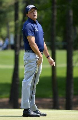 May 7, 2016 - Charlotte, NC, USA - Phil Mickelson reacts to a missed putt on the 3rd green in the third round of the Wells Fargo Championship at Quail Hollow Club in Charlotte, N.C., on Saturday, May 7, 2016. Wells Fargo Championship, third round - ZUMAm67_