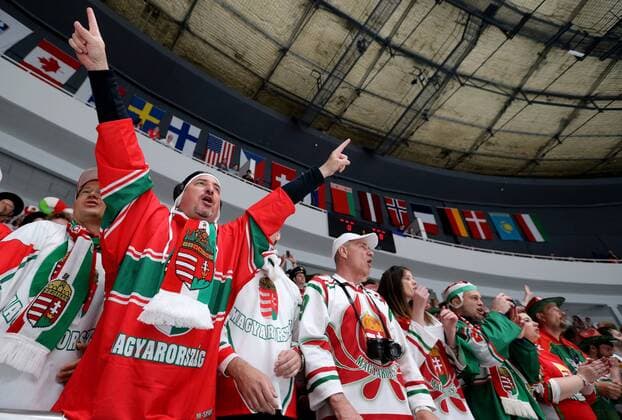 ST. PETERSBURG, RUSSIA. MAY 8, 2016. Hungary s fans cheer in their 2016 IIHF World Championship WM Weltmeisterschaft Preliminary Round Group B Ice hockey Eishockey match against Canada at the Yubileyny Sports Palace. Alexander Demianchuk TASS  TS021FE1