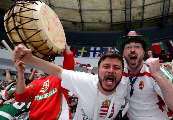 ST. PETERSBURG, RUSSIA. MAY 8, 2016. Hungary s fans cheer in their 2016 IIHF World Championship WM Weltmeisterschaft Preliminary Round Group B Ice hockey Eishockey match against Canada at the Yubileyny Sports Palace. Alexander Demianchuk TASS  TS021FE3