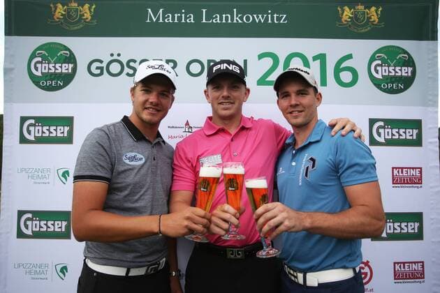 GOLF - Goesser Open 2016 MARIA LANKOWITZ,AUSTRIA,08.MAY.16 - GOLF - Alps Tour, Goesser Open, GC Erzherzog Johann, award ceremony. Image shows Robin Goger (AUT), Matt Wallace (ENG) and Markus Habeler (AUT). GEPAxpictures xDanielxGoetzhaber