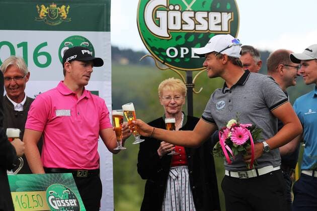 GOLF - Goesser Open 2016 MARIA LANKOWITZ,AUSTRIA,08.MAY.16 - GOLF - Alps Tour, Goesser Open, GC Erzherzog Johann, award ceremony. Image shows Matt Wallace (ENG) and Robin Goger (AUT). GEPAxpictures xDanielxGoetzhaber