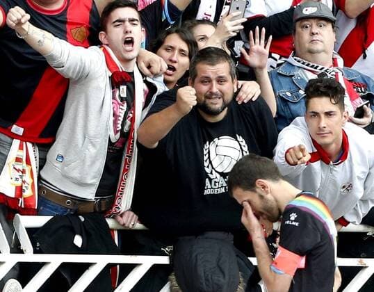 Rayo Vallecano s captain Trashorras (down) reacts after being defeated by Real Sociedad in front of his supporters during a Liga Primera Division 37th journey match held at Anoeta stadium in San Sebastian, Basque Country, Spain, 8 May 2016. REAL SOCIEDAD VS RAYO VALLECANO !ACHTUNG: NUR REDAKTIONELLE NUTZUNG!  SSB009 20160508-635983327580399894